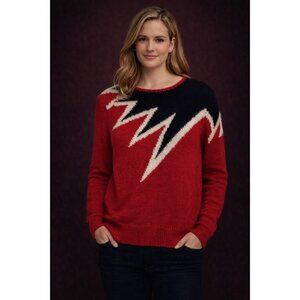 Vintage Cézanne Red Sweater Size M – Black & White Detail Cozy Après-Ski Retro C